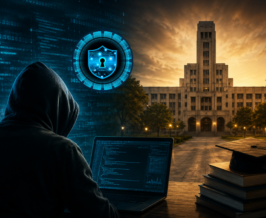 A hooded cybersecurity enthusiast working on a laptop with digital code overlays facing a university campus, symbolising the debate between exceptional talent, ethical hacking, and cybersecurity education.