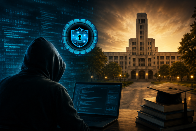 A hooded cybersecurity enthusiast working on a laptop with digital code overlays facing a university campus, symbolising the debate between exceptional talent, ethical hacking, and cybersecurity education.