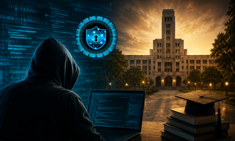 A hooded cybersecurity enthusiast working on a laptop with digital code overlays facing a university campus, symbolising the debate between exceptional talent, ethical hacking, and cybersecurity education.