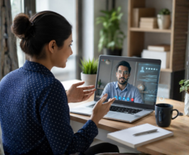 Young professional attending an AI-powered job interview on a laptop, illustrating the future of AI recruitment and hiring.