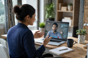 Young professional attending an AI-powered job interview on a laptop, illustrating the future of AI recruitment and hiring.