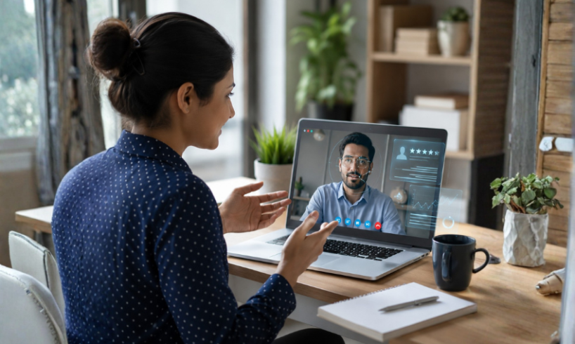 Young professional attending an AI-powered job interview on a laptop, illustrating the future of AI recruitment and hiring.